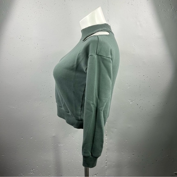 Aerie Sage Green Distressed Open Shoulder Sweatshirt XS - Picture 4 of 5